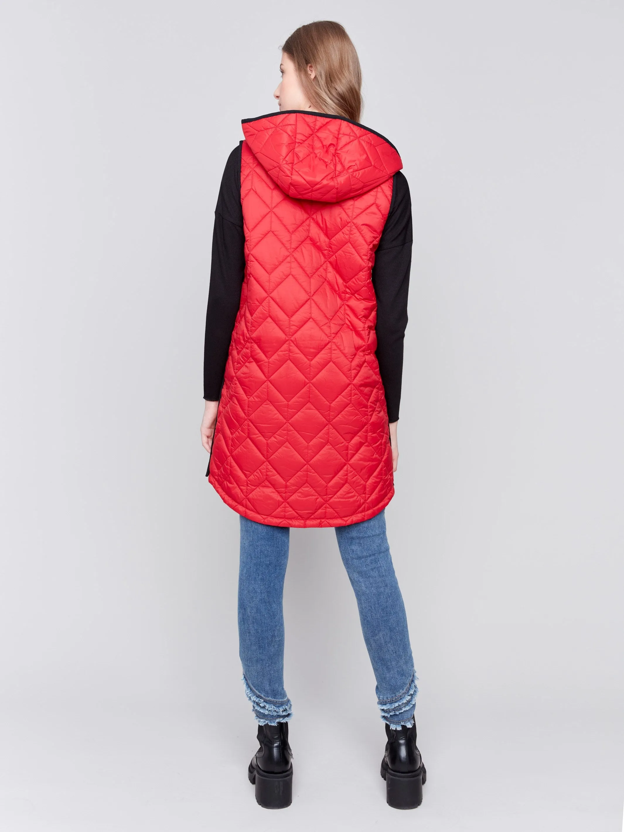 Cranberry Long Quilted Puffer Vest with Hood