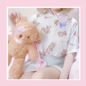 Cream chocolate bear doll collar short sleeve shirt