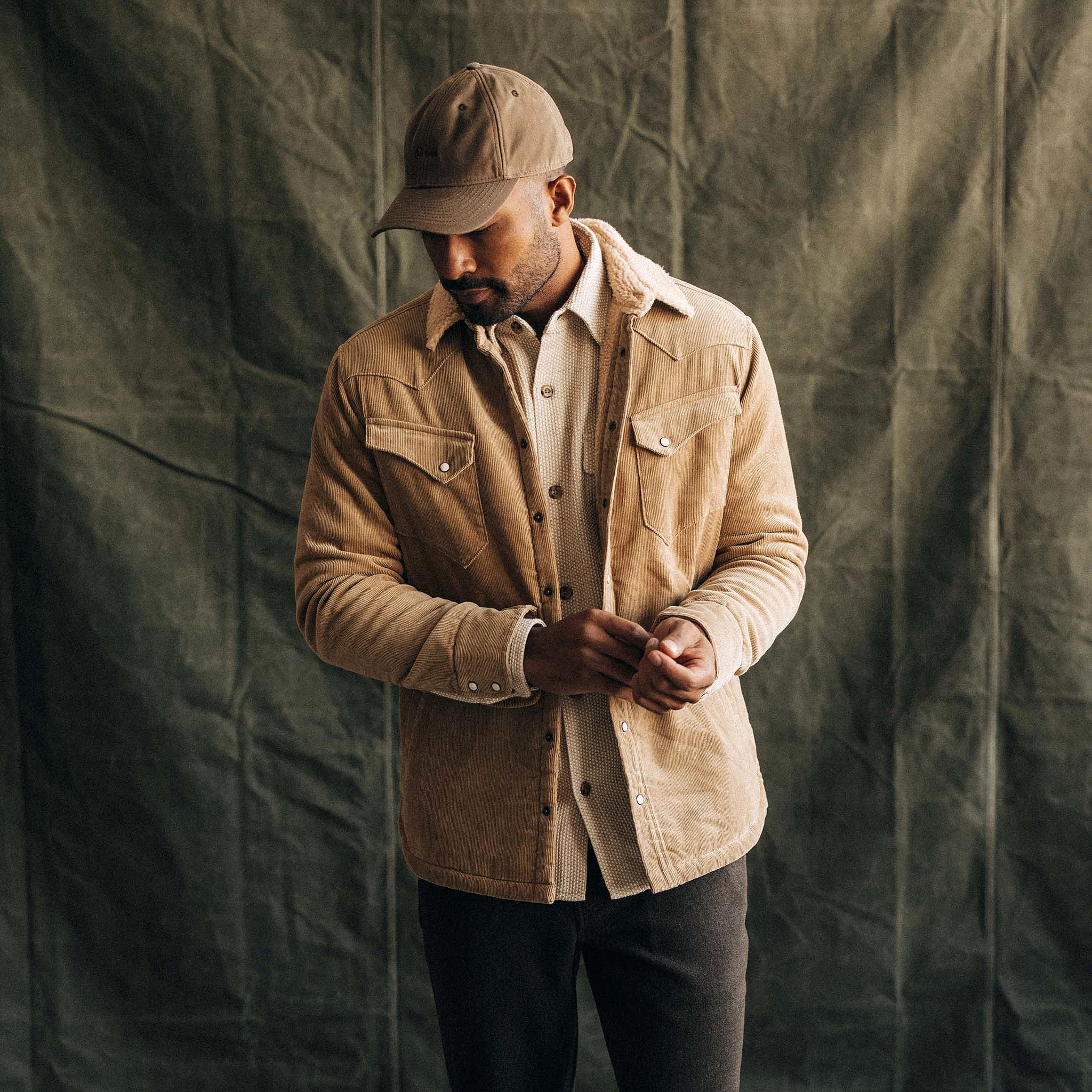 Dark Khaki Corduroy Western Shirt Jacket.