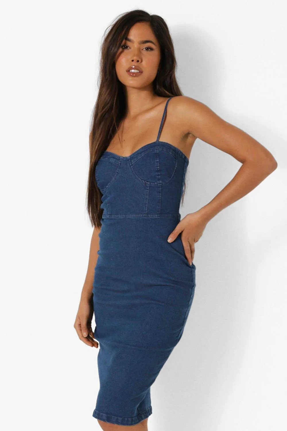 Denim Midi Dress with Corset Accent