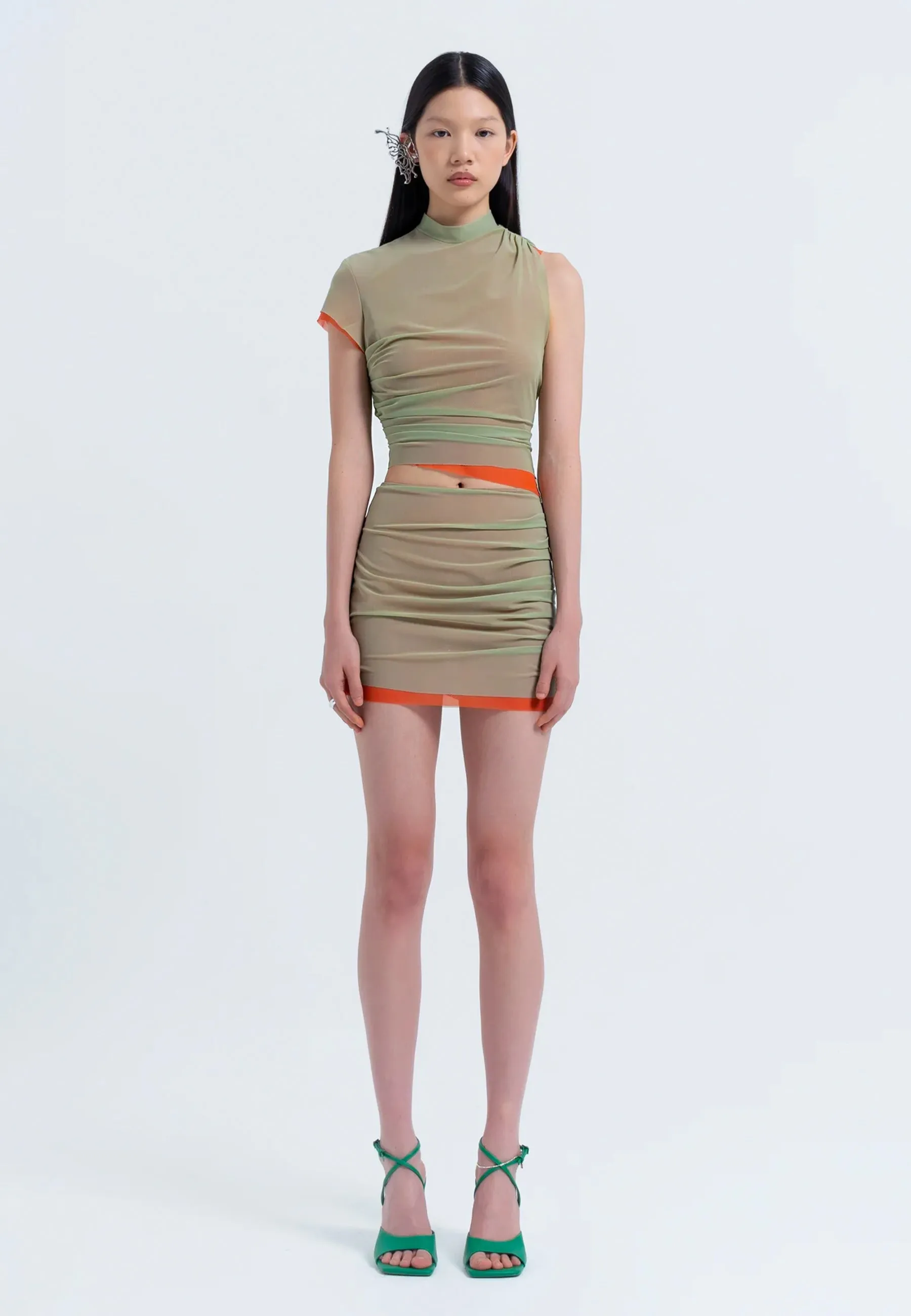 Double Moss and Orange Mesh Mini Skirt