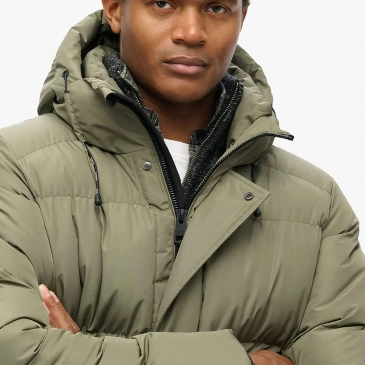 Dusty Olive Green Hooded Sports Puffer Mid Length Jacket by Superdry