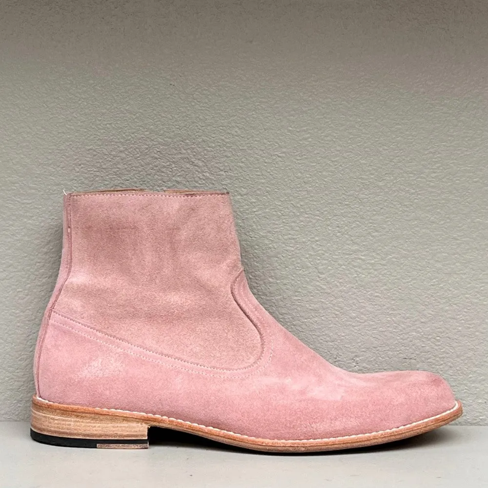 Dusty Pink Suede Chelsea Boot with Side Zip and Oil Accents