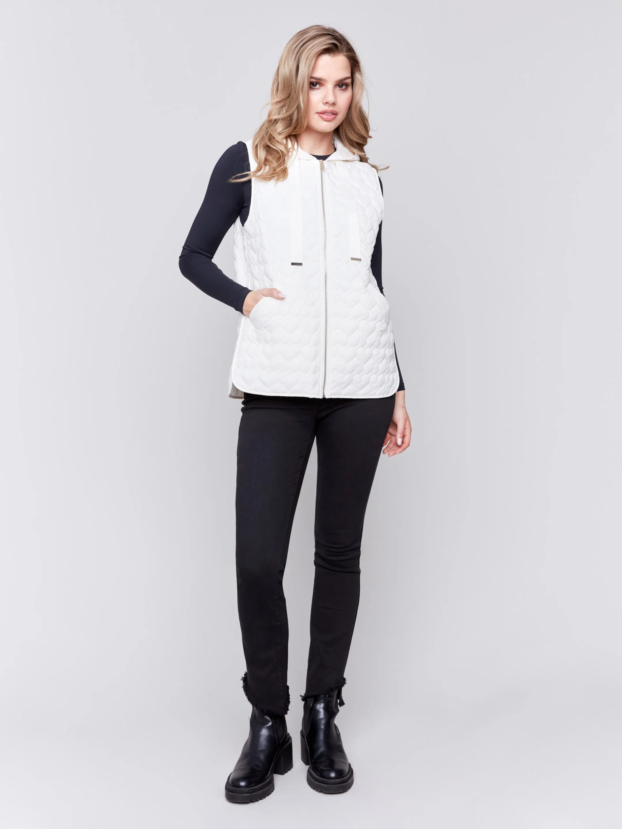 Ecru Short Quilted Puffer Vest with Hood