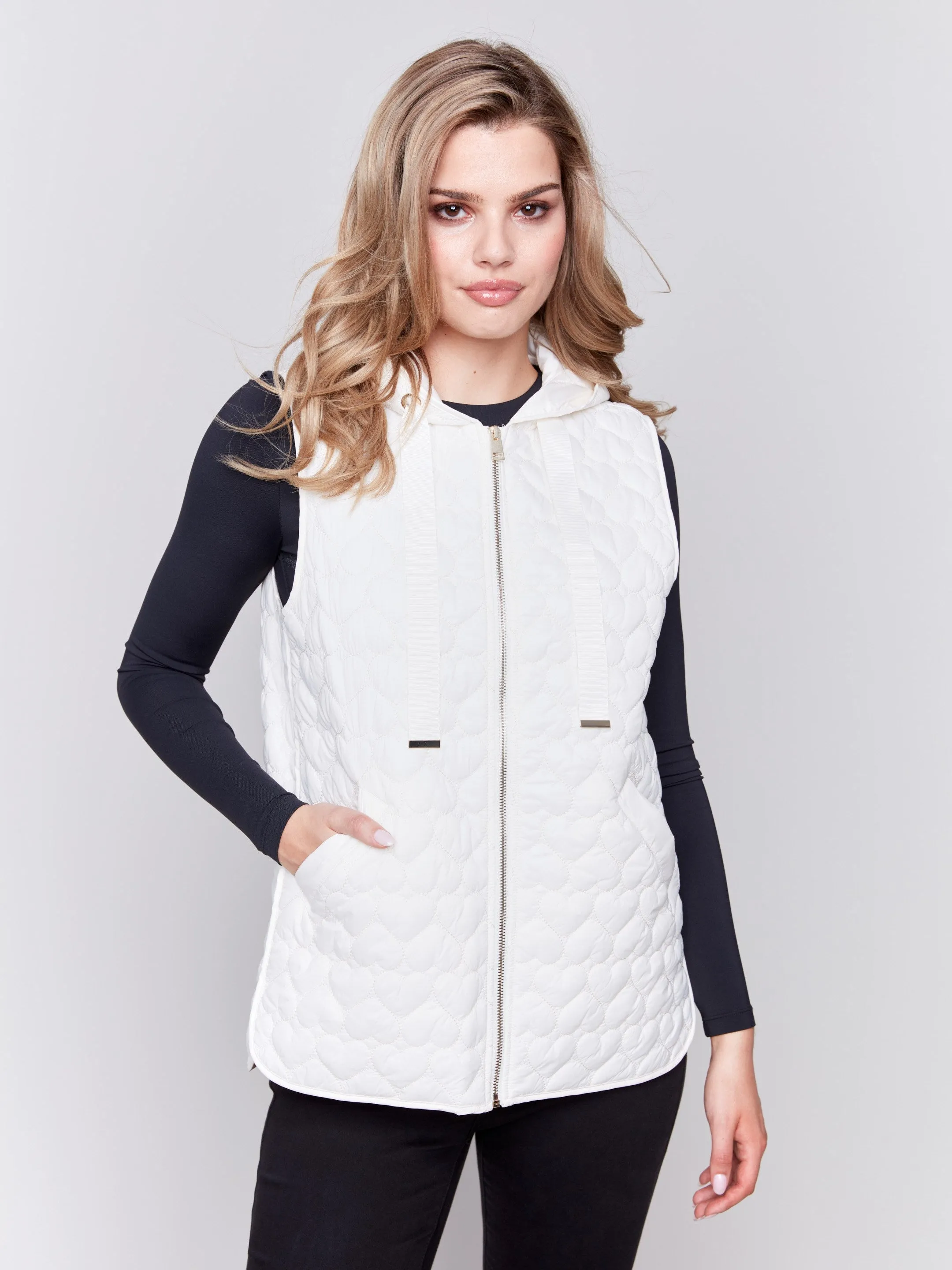 Ecru Short Quilted Puffer Vest with Hood