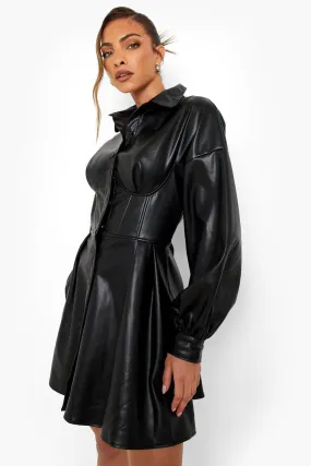 Edgy Faux Leather Shirt Dress with Corset Detail