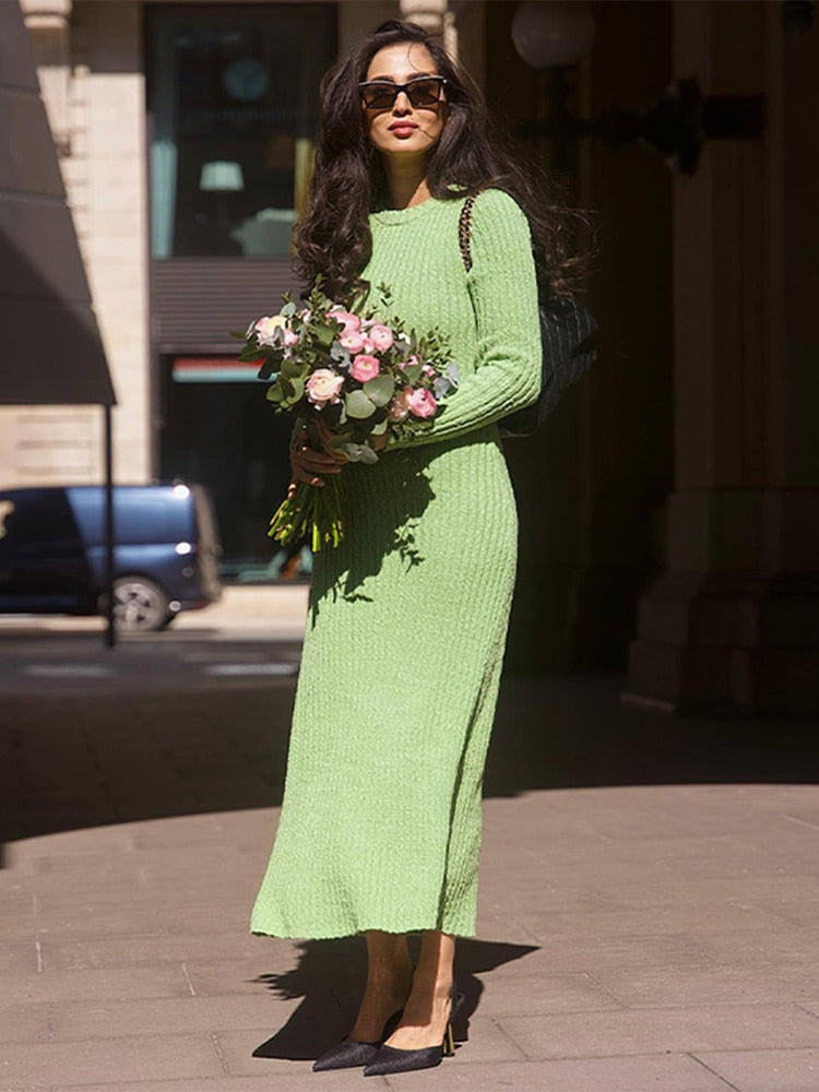 Elegant Green Bodycon Knitted Long Sleeve Maxi Dress for Women