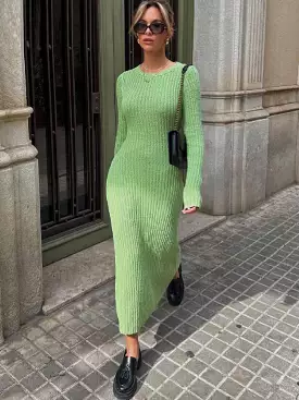 Elegant Green Bodycon Knitted Long Sleeve Maxi Dress for Women