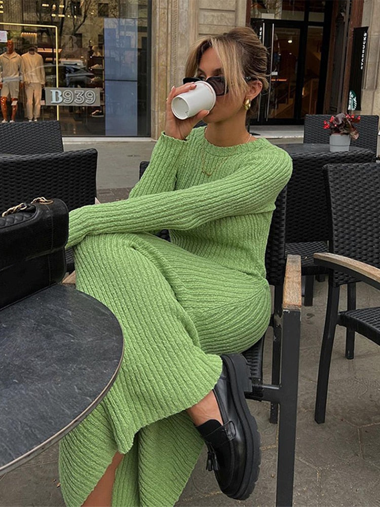 Elegant Green Bodycon Knitted Long Sleeve Maxi Dress for Women