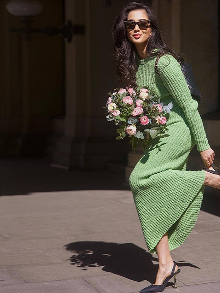 Elegant Green Bodycon Knitted Long Sleeve Maxi Dress for Women