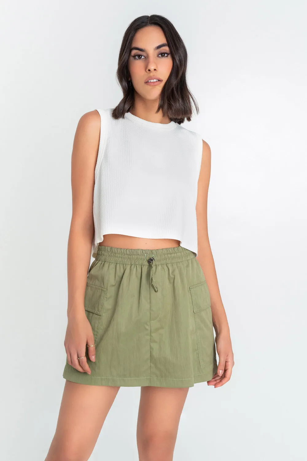 Elastic Waist Cargo Mini Skirt with Drawstring