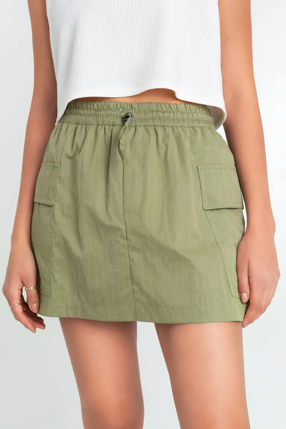 Elastic Waist Cargo Mini Skirt with Drawstring