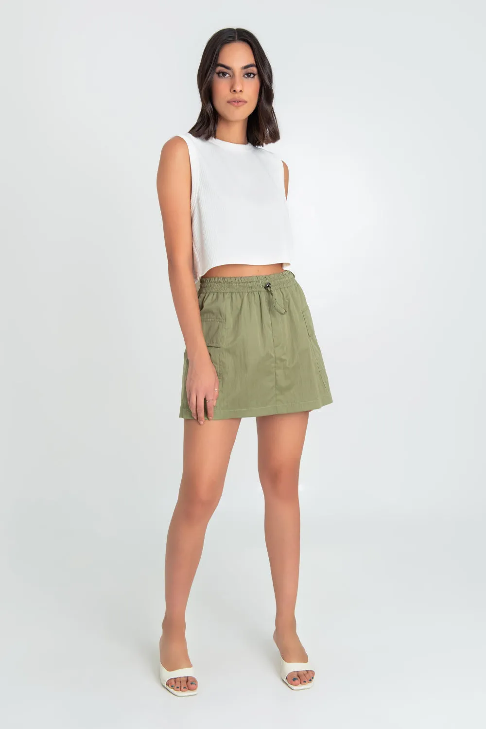 Elastic Waist Cargo Mini Skirt with Drawstring