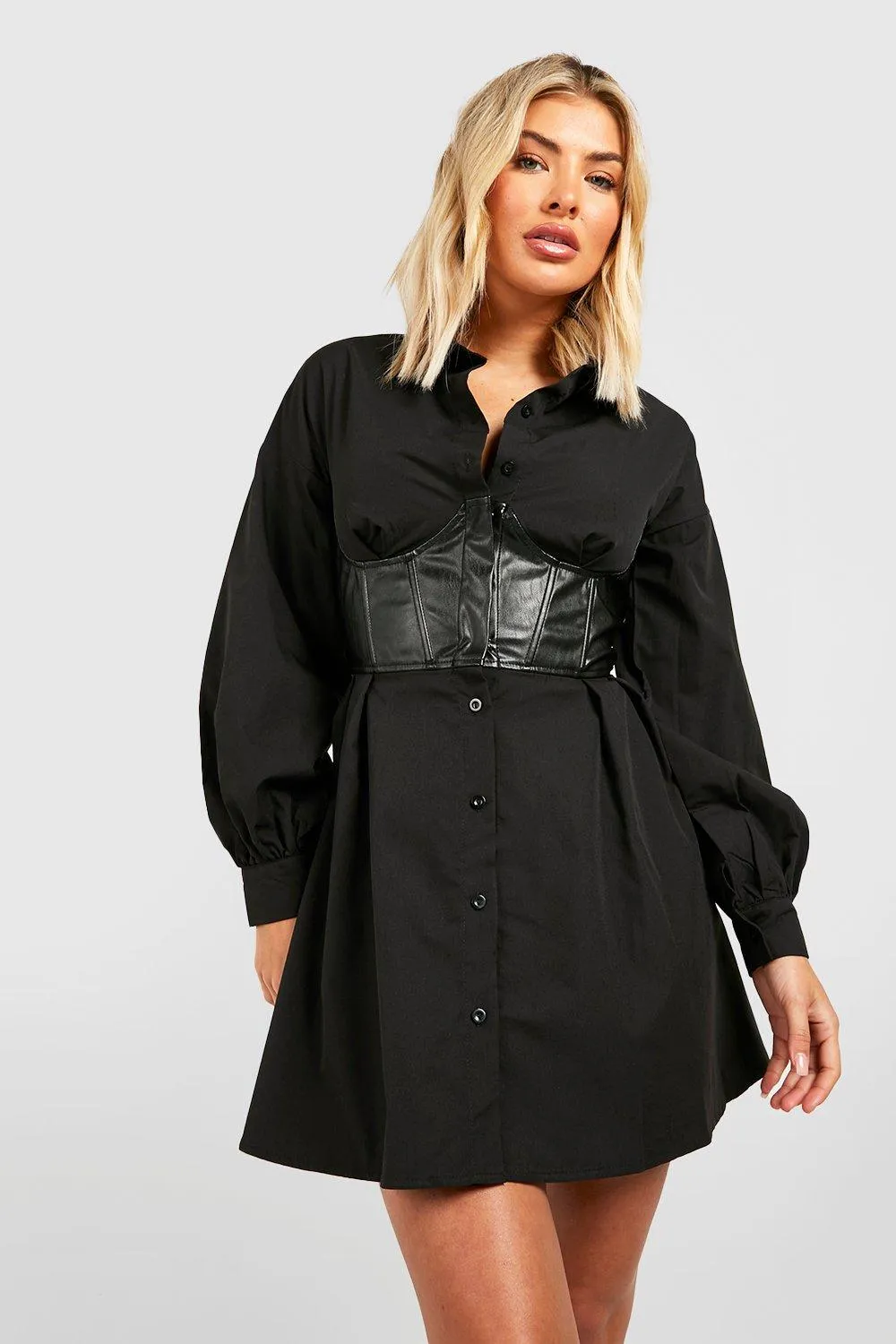 Faux Leather Shirt Dress with Corset