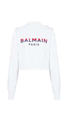 Balmain Paris Flocked Cropped Sweatshirt - White/Red/Blue