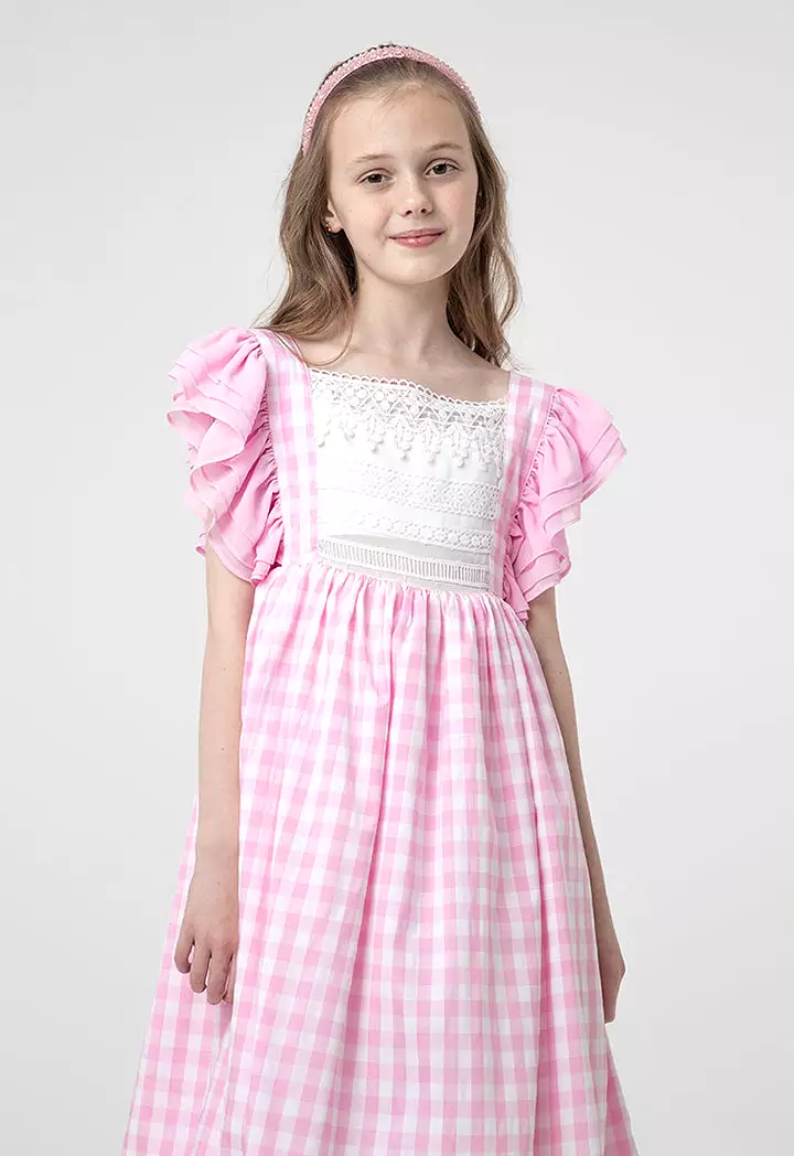 Flounce Plaid Petticoat Lace Dress for Girls