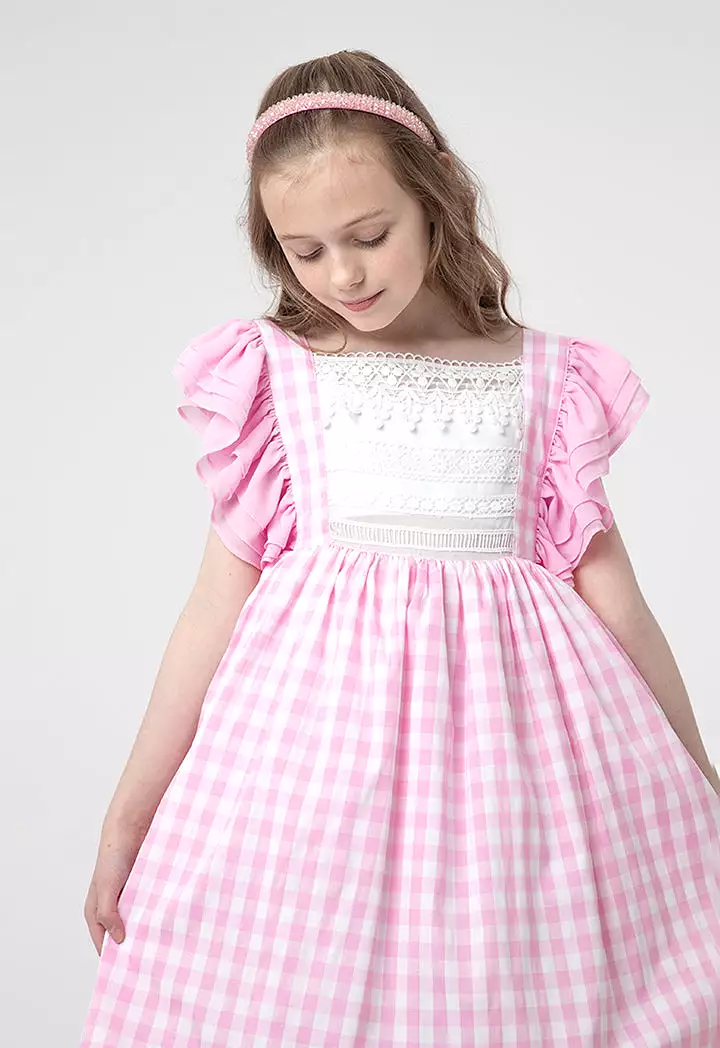 Flounce Plaid Petticoat Lace Dress for Girls