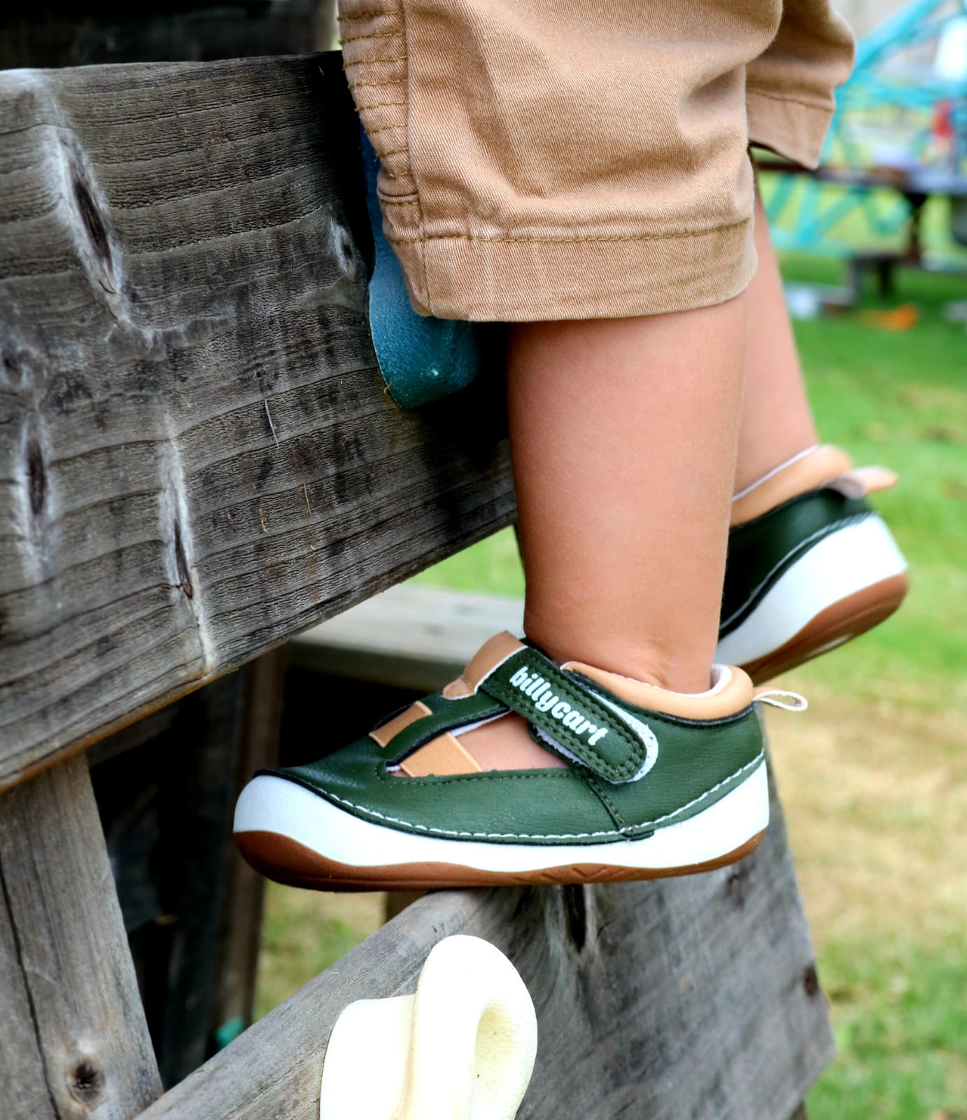 Forest green and tan baby and toddler sandals, unisex, SEO friendly.