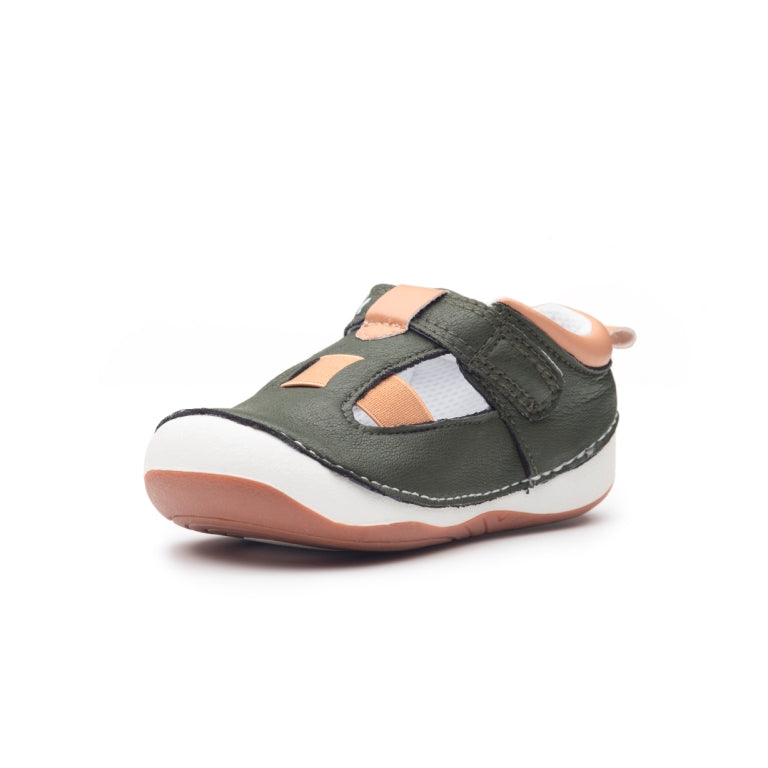 Forest green and tan baby and toddler sandals, unisex, SEO friendly.