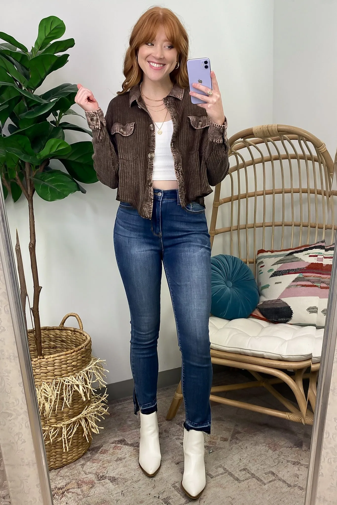 Friday Feelings Acid Wash Cropped Waffle Knit Shirt Jacket - SALE END