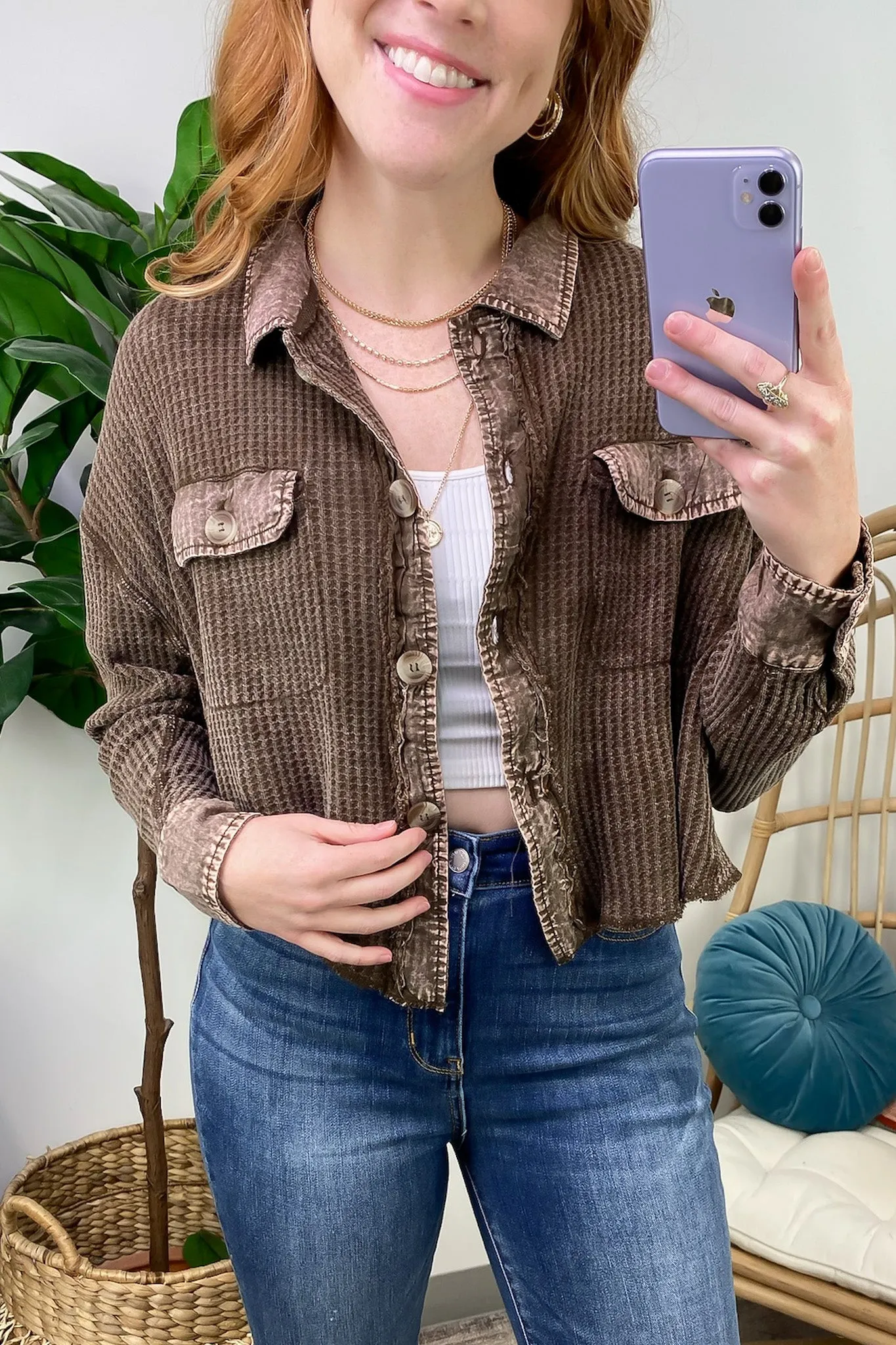 Friday Feelings Acid Wash Cropped Waffle Knit Shirt Jacket - SALE END