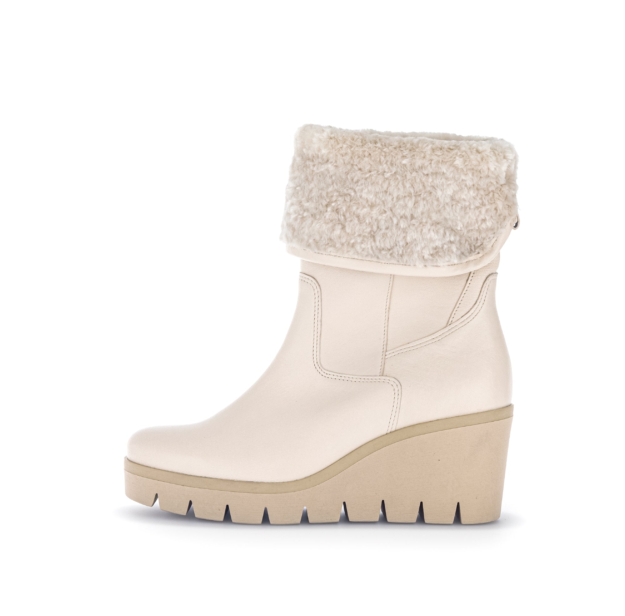 GABOR Cream Leather Wedge Boots Faux Fur Cuff