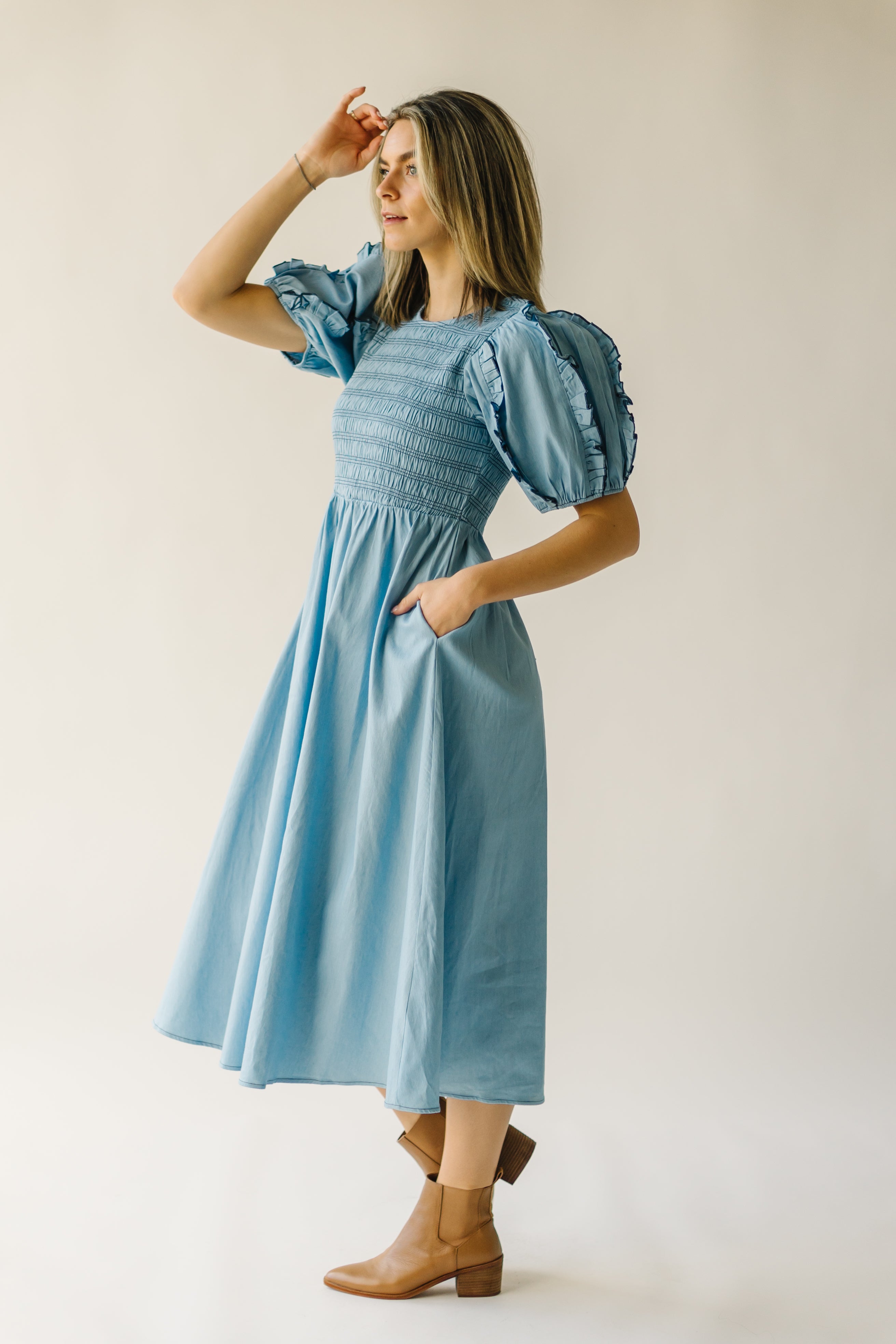 Glenburn Smocked Midi Dress - Light Denim