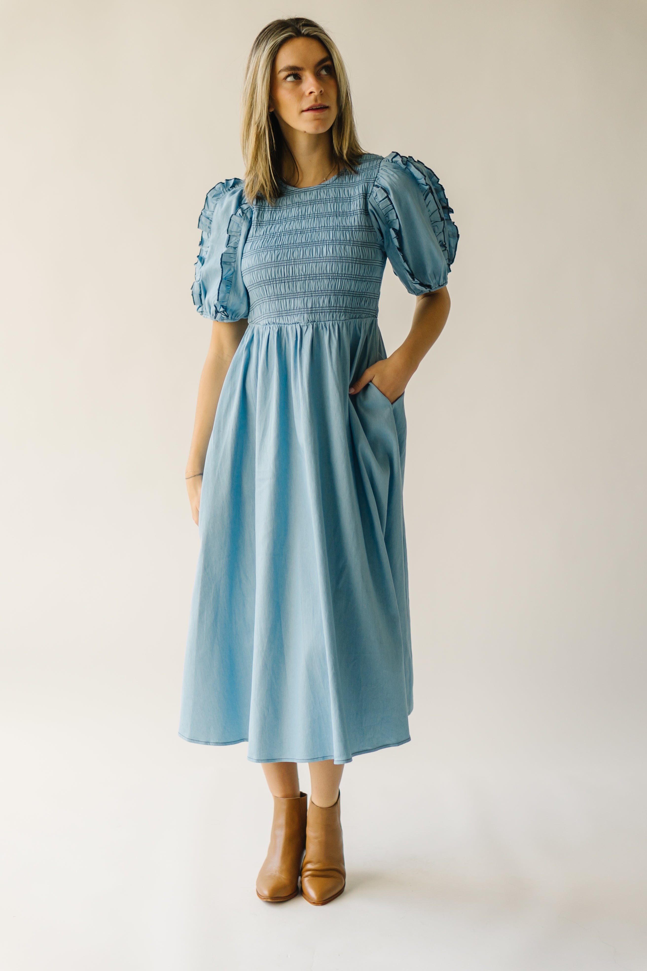 Glenburn Smocked Midi Dress - Light Denim