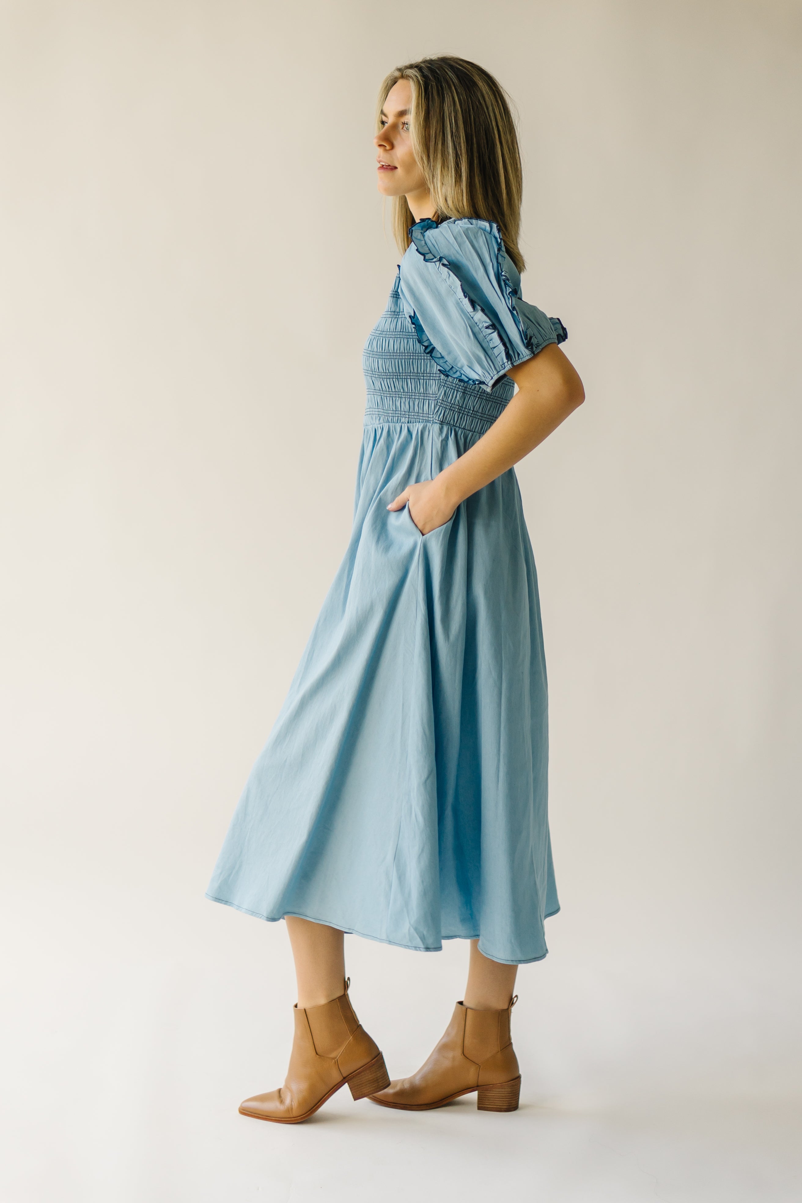 Glenburn Smocked Midi Dress - Light Denim