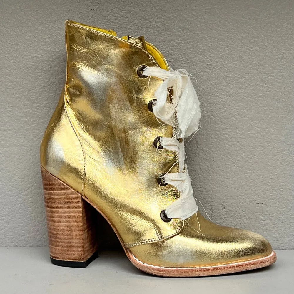 Gold Distressed Leather Combat Boot with Heel and Frilly Laces