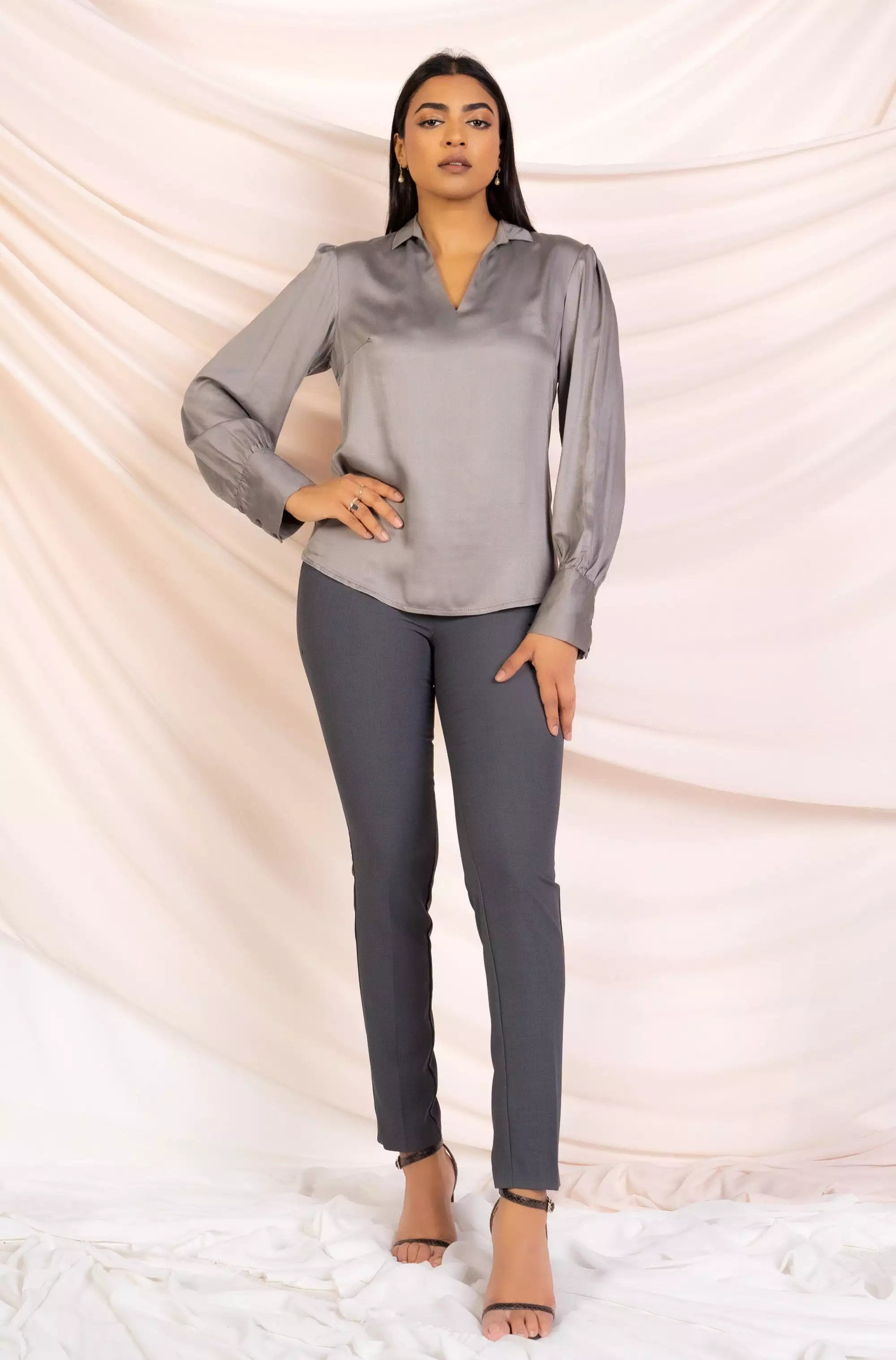 Grey Puff Sleeve Shirt