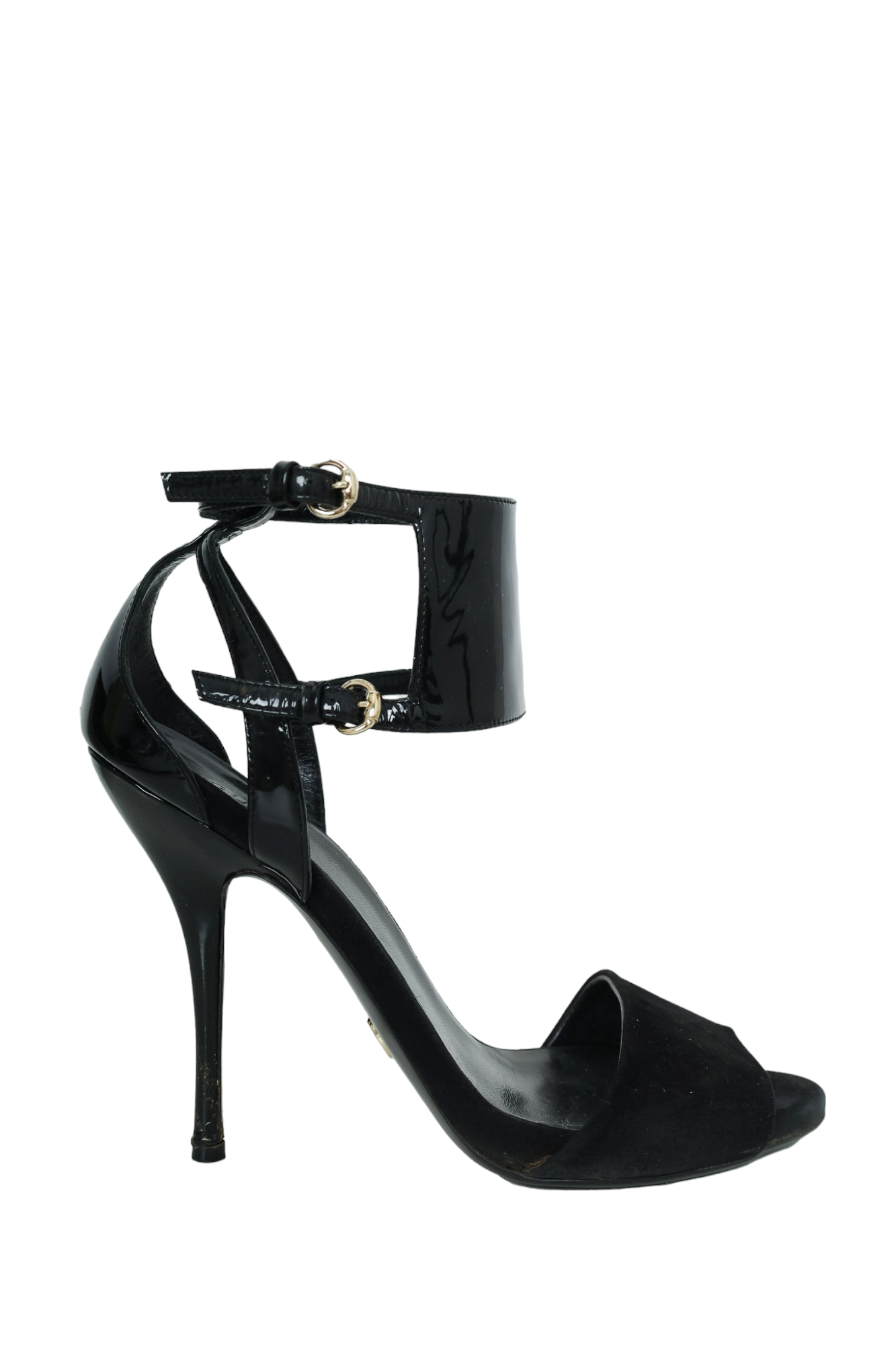 Gucci Black Ankle Strap Sandals - Size 37 - Suede/Patent Open Toe