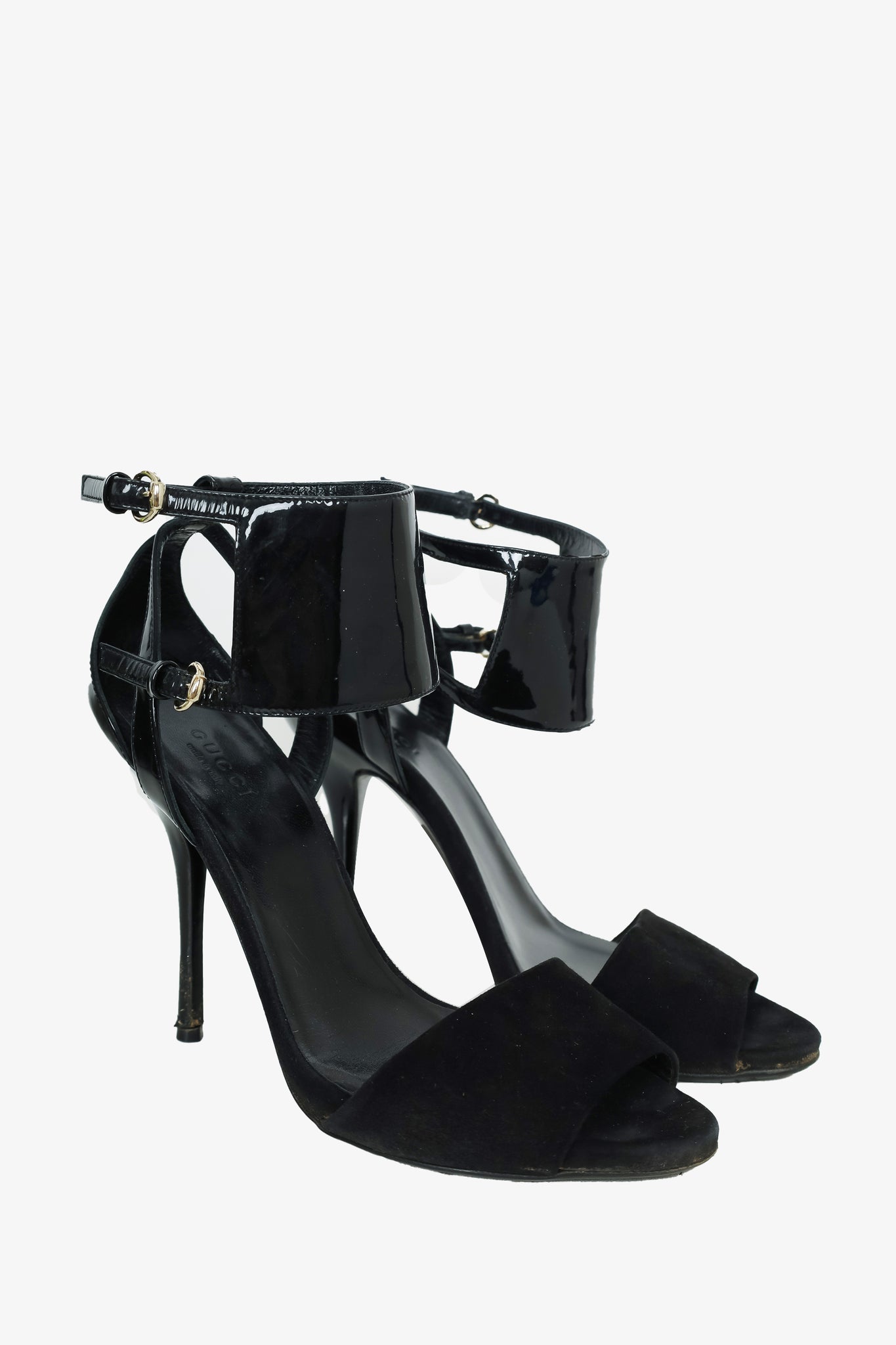 Gucci Black Ankle Strap Sandals - Size 37 - Suede/Patent Open Toe