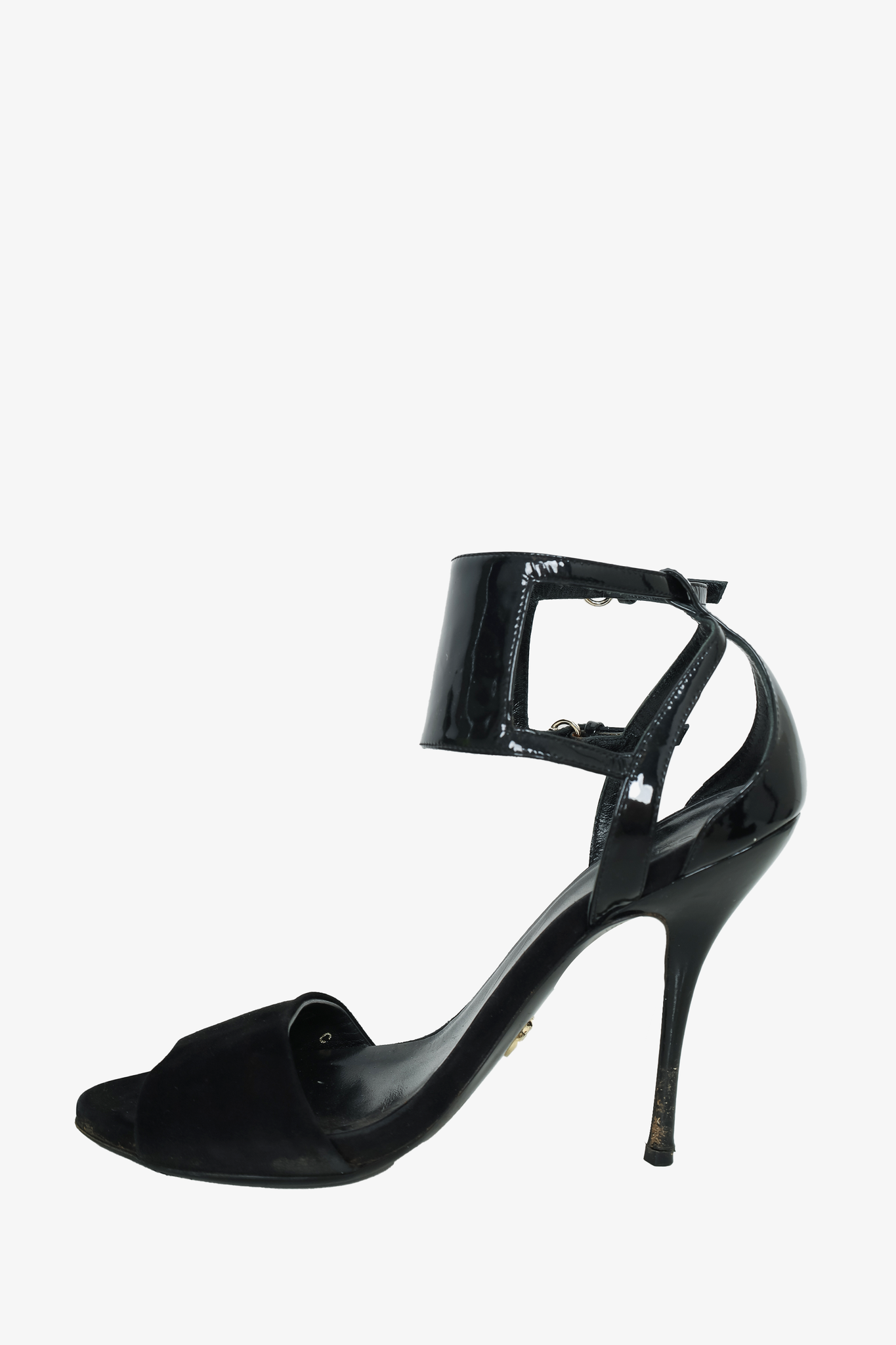 Gucci Black Ankle Strap Sandals - Size 37 - Suede/Patent Open Toe