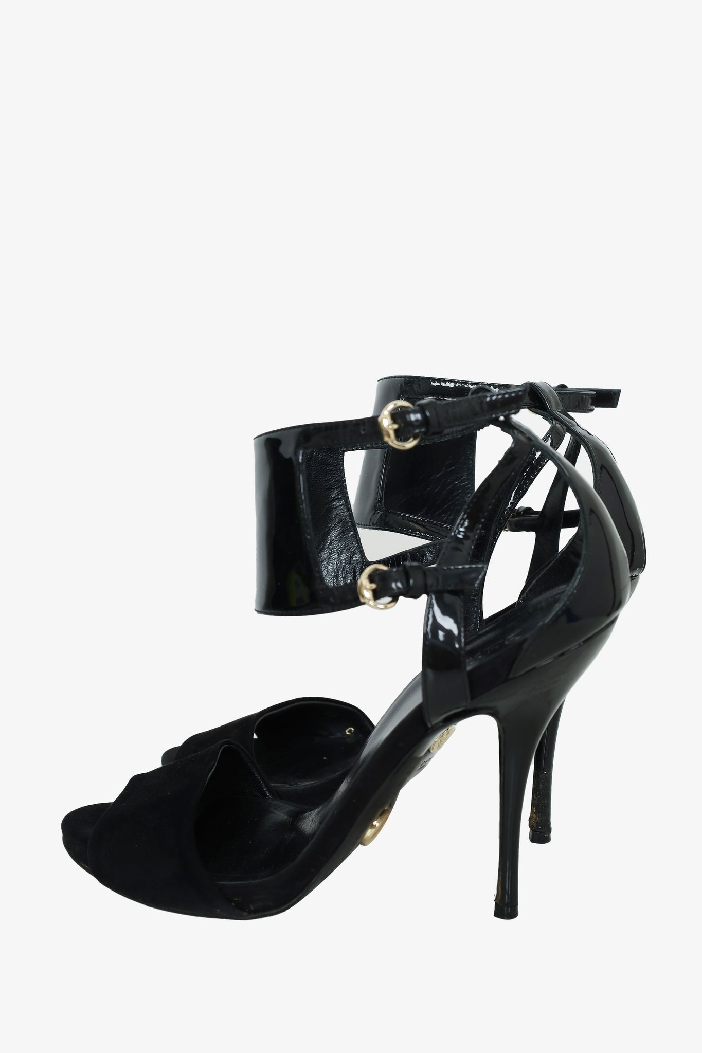 Gucci Black Ankle Strap Sandals - Size 37 - Suede/Patent Open Toe