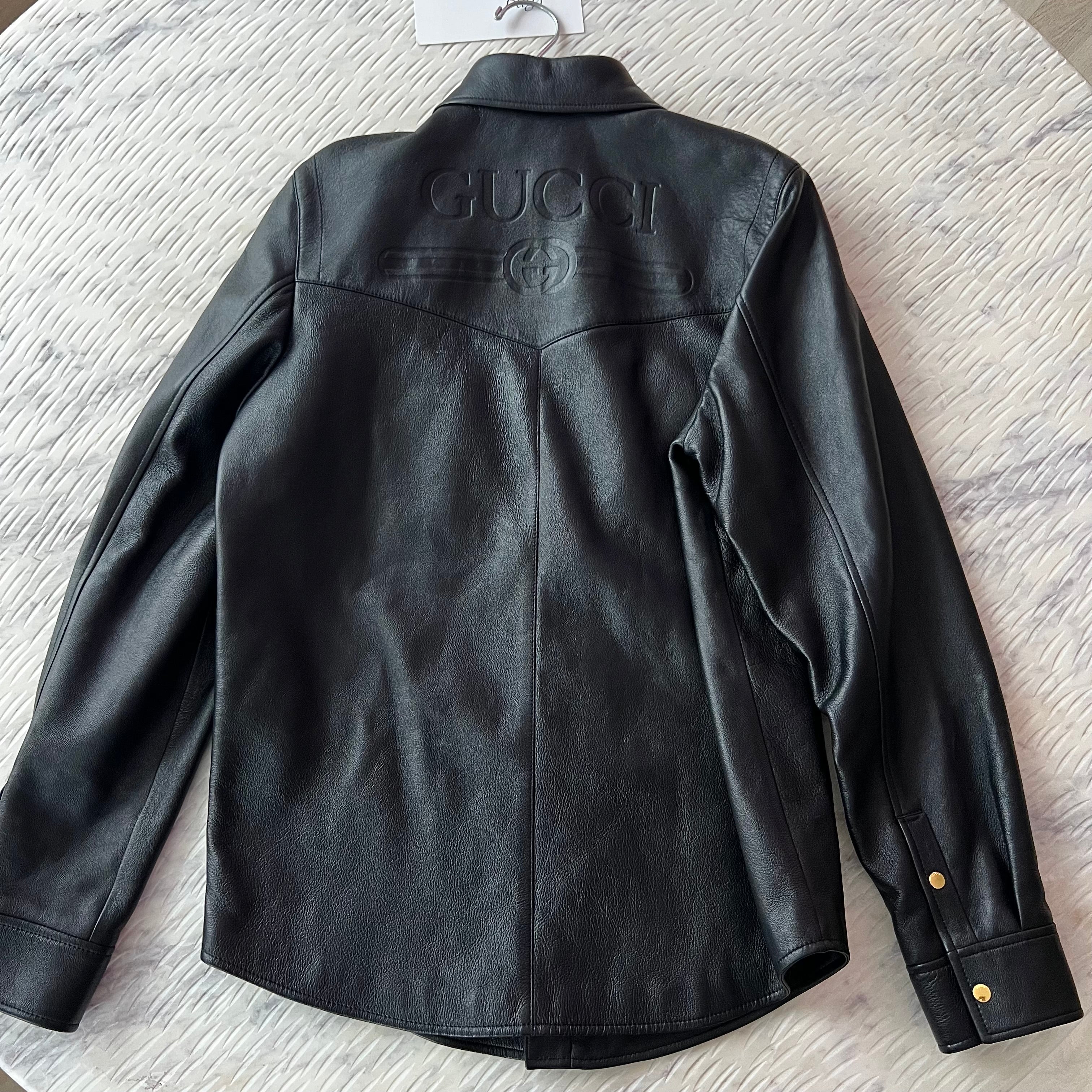 Gucci Black Lambskin Overshirt Debossed Logo Jacket