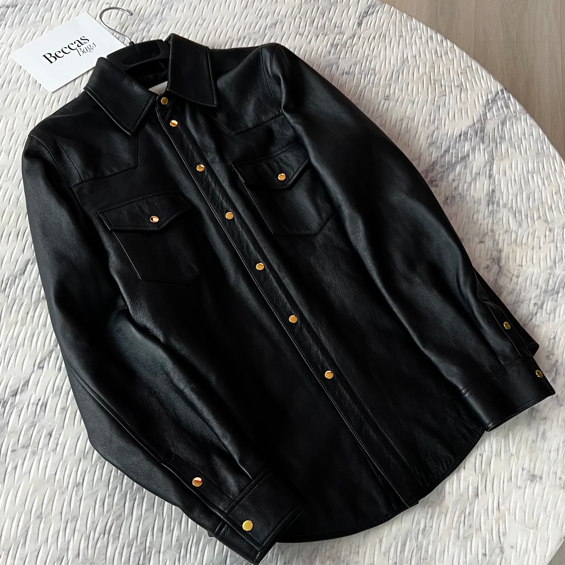 Gucci Black Lambskin Overshirt Debossed Logo Jacket