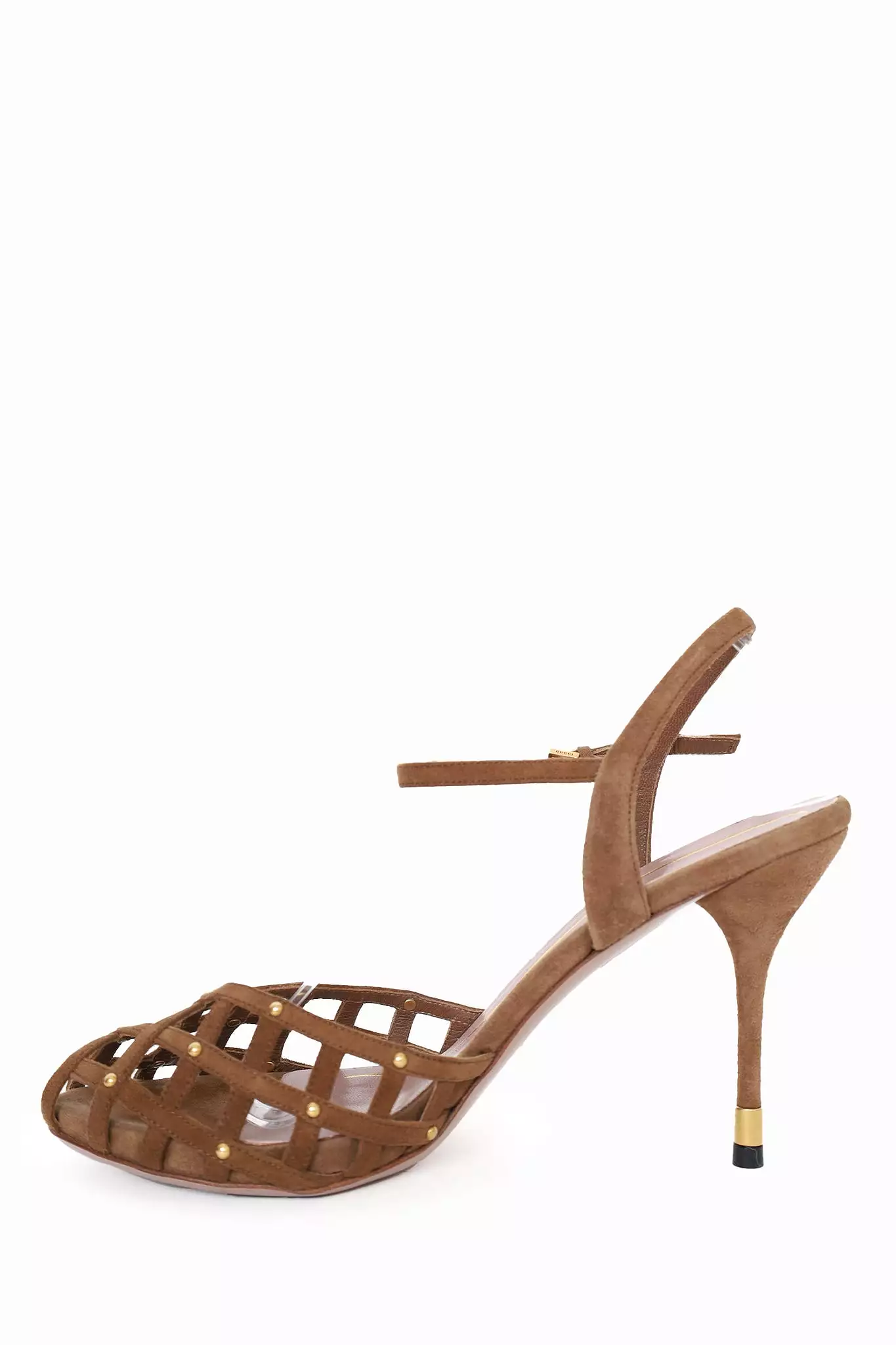 Gucci Brown Suede Studded Cage Sandal Heels - Size 37