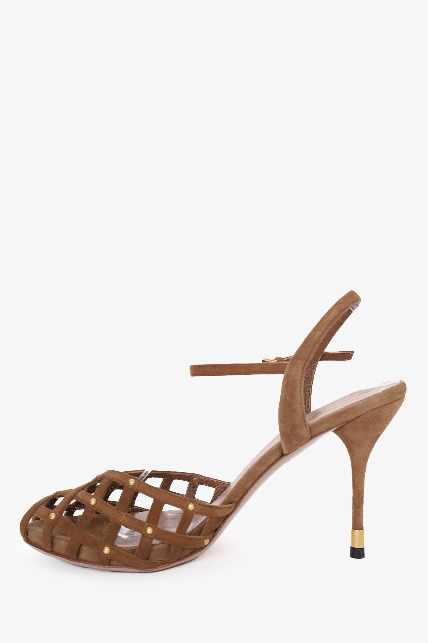 Gucci Brown Suede Studded Sandal Heels - Size 37