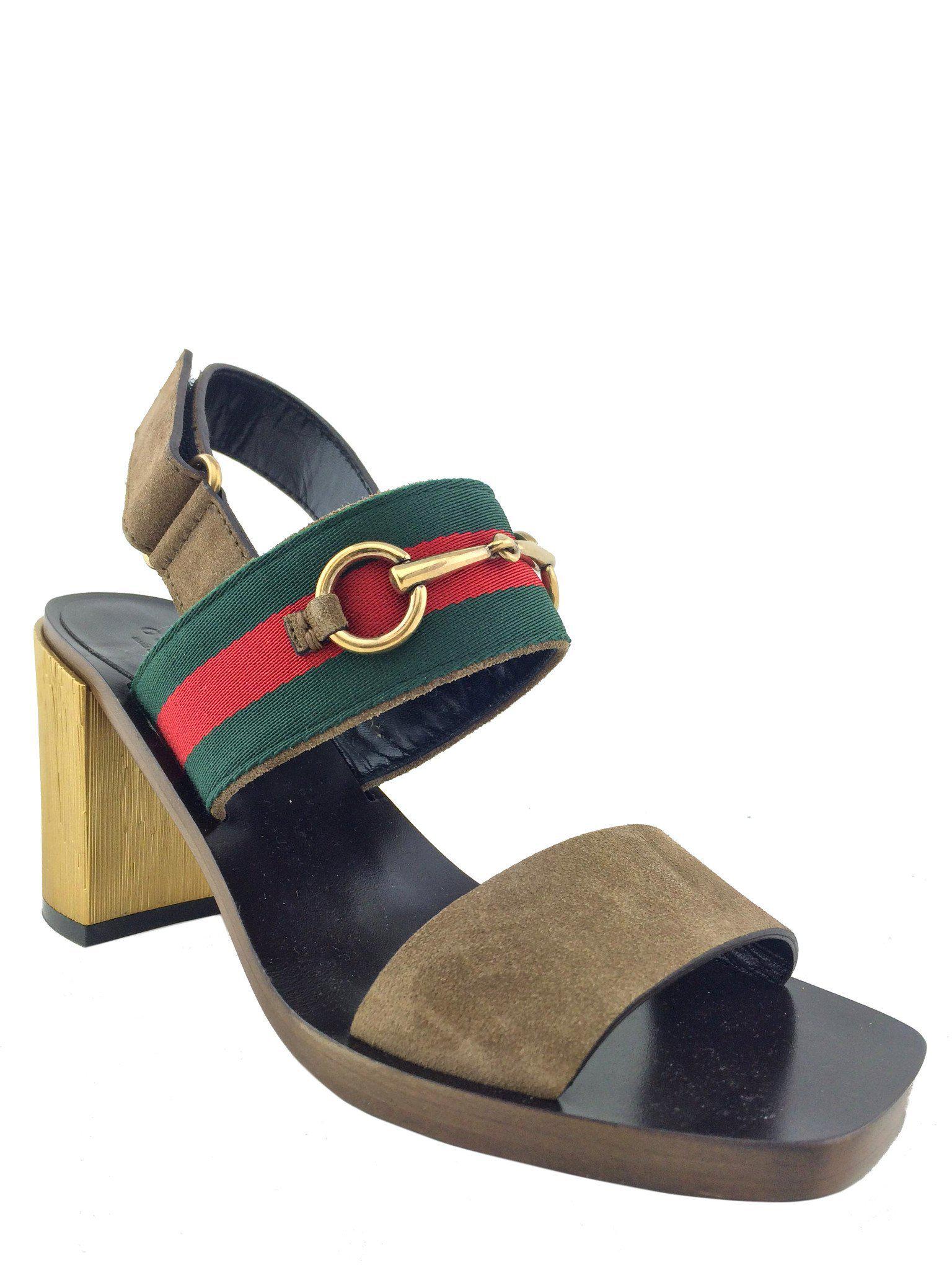 Gucci Web Trim Horsebit Suede Slingback Sandals - Size 7.