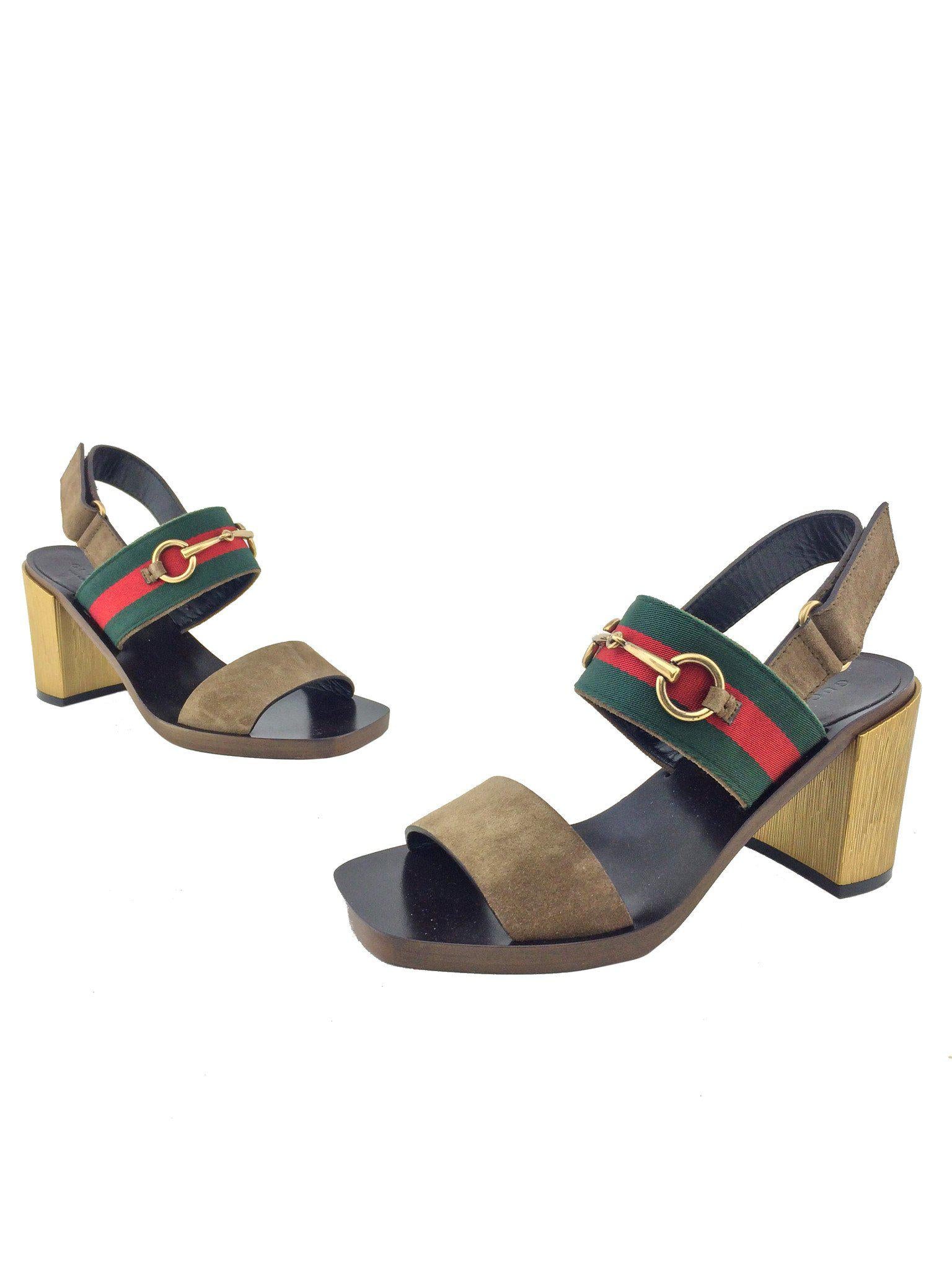 Gucci Web Trim Horsebit Suede Slingback Sandals - Size 7.