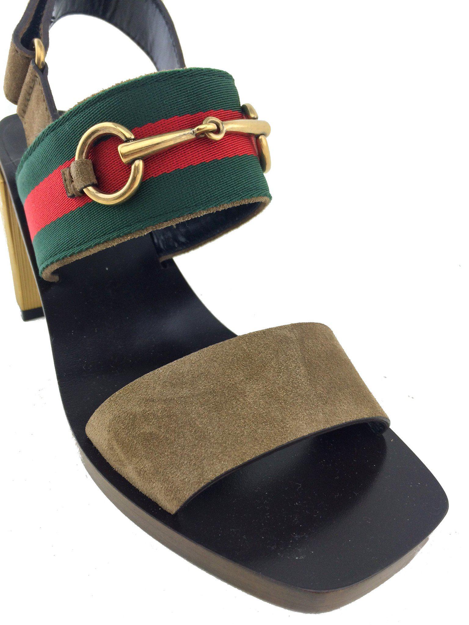 Gucci Web Trim Horsebit Suede Slingback Sandals - Size 7.