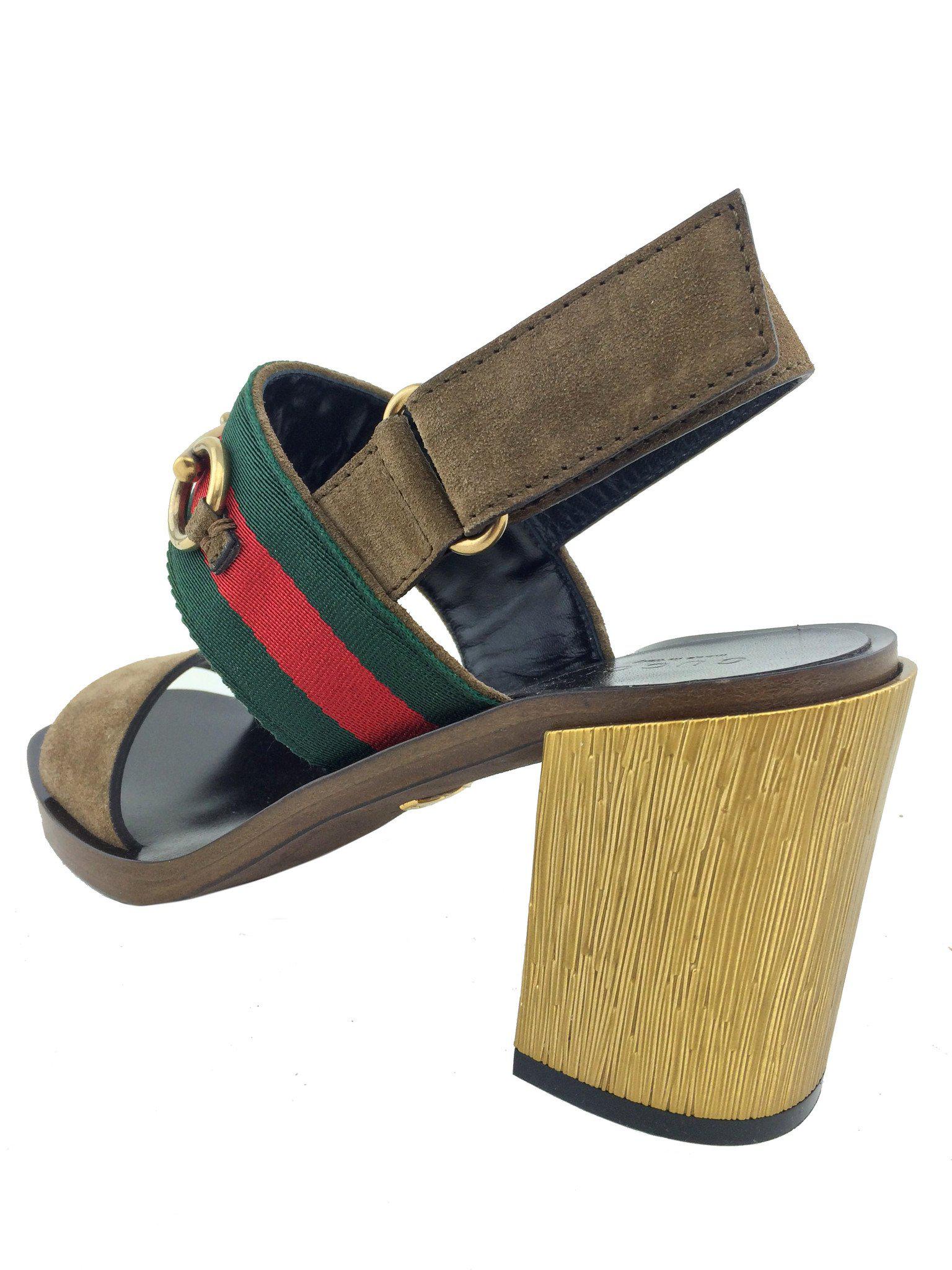 Gucci Web Trim Horsebit Suede Slingback Sandals - Size 7.