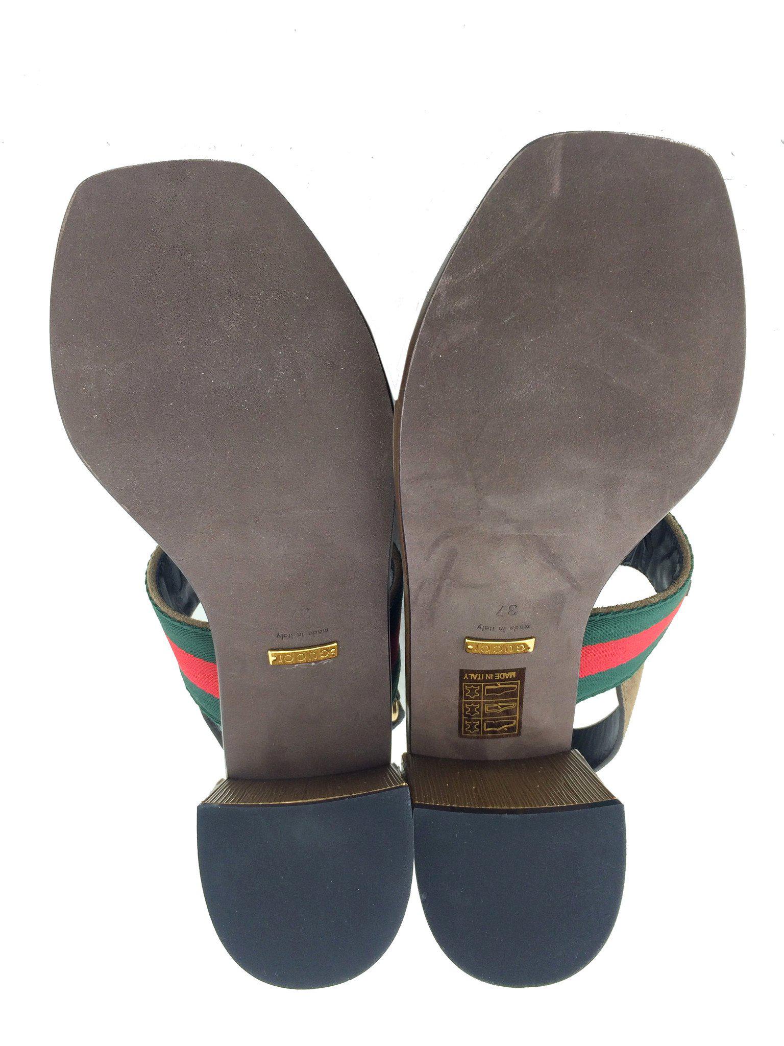 Gucci Web Trim Horsebit Suede Slingback Sandals - Size 7.