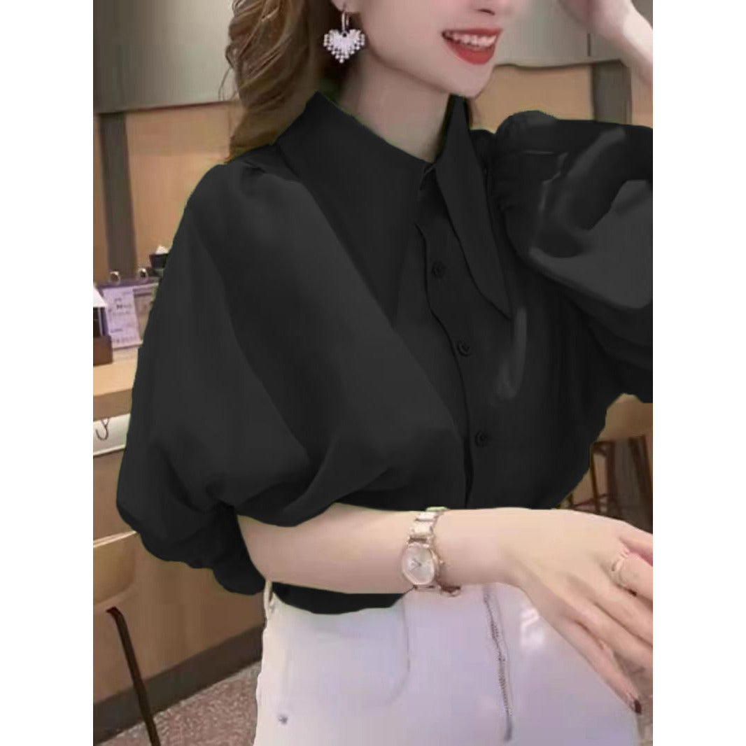 Half Puff Sleeve Shirt with Turn-Down Collar