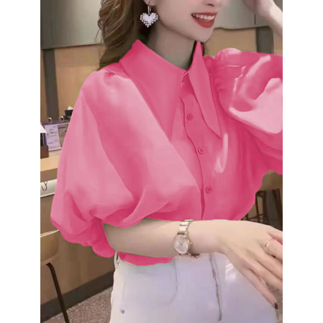 Half Puff Sleeve Shirt with Turn-Down Collar