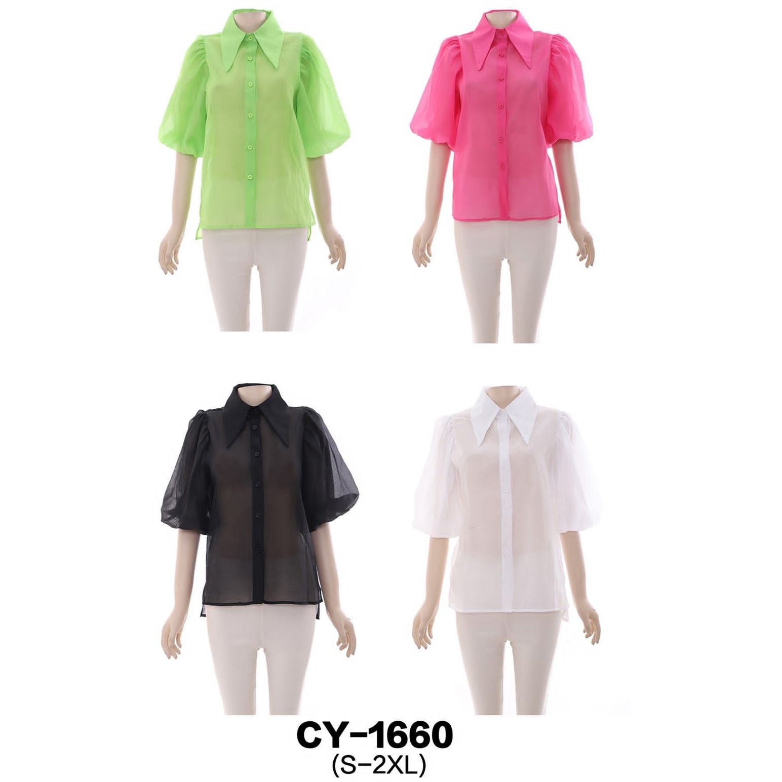 Half Puff Sleeve Shirt with Turn-Down Collar