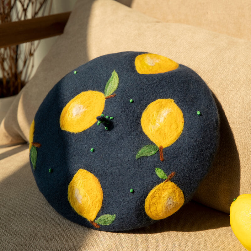 Handcrafted lemon wool felt beret, style by0148.