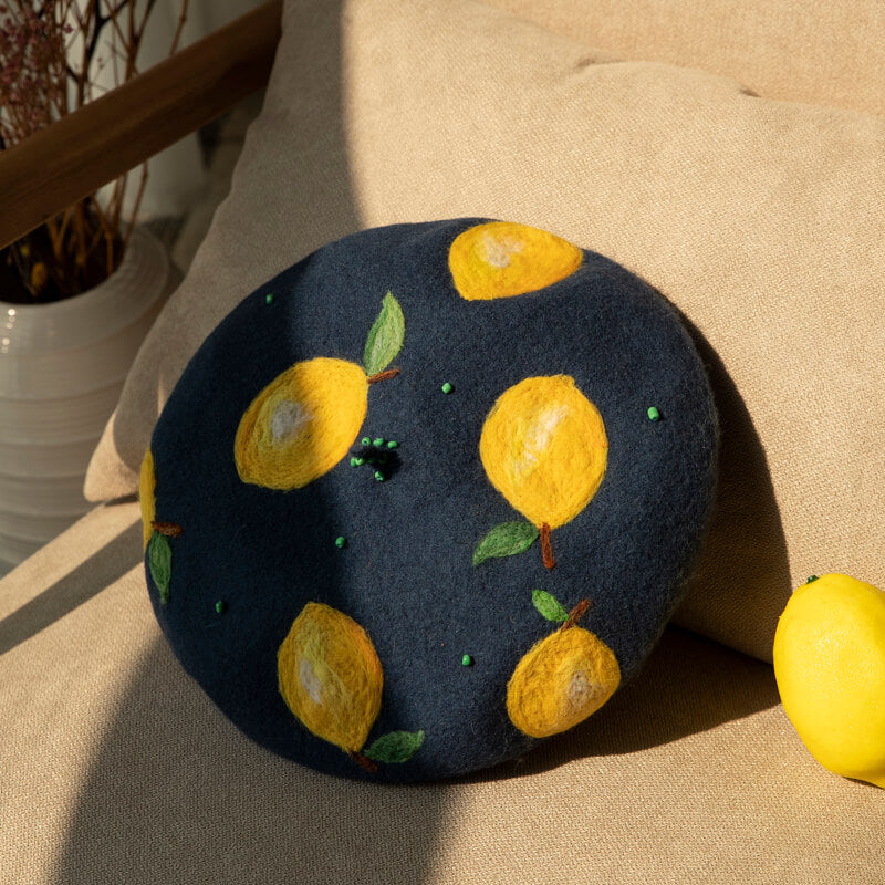 Handcrafted lemon wool felt beret, style by0148.