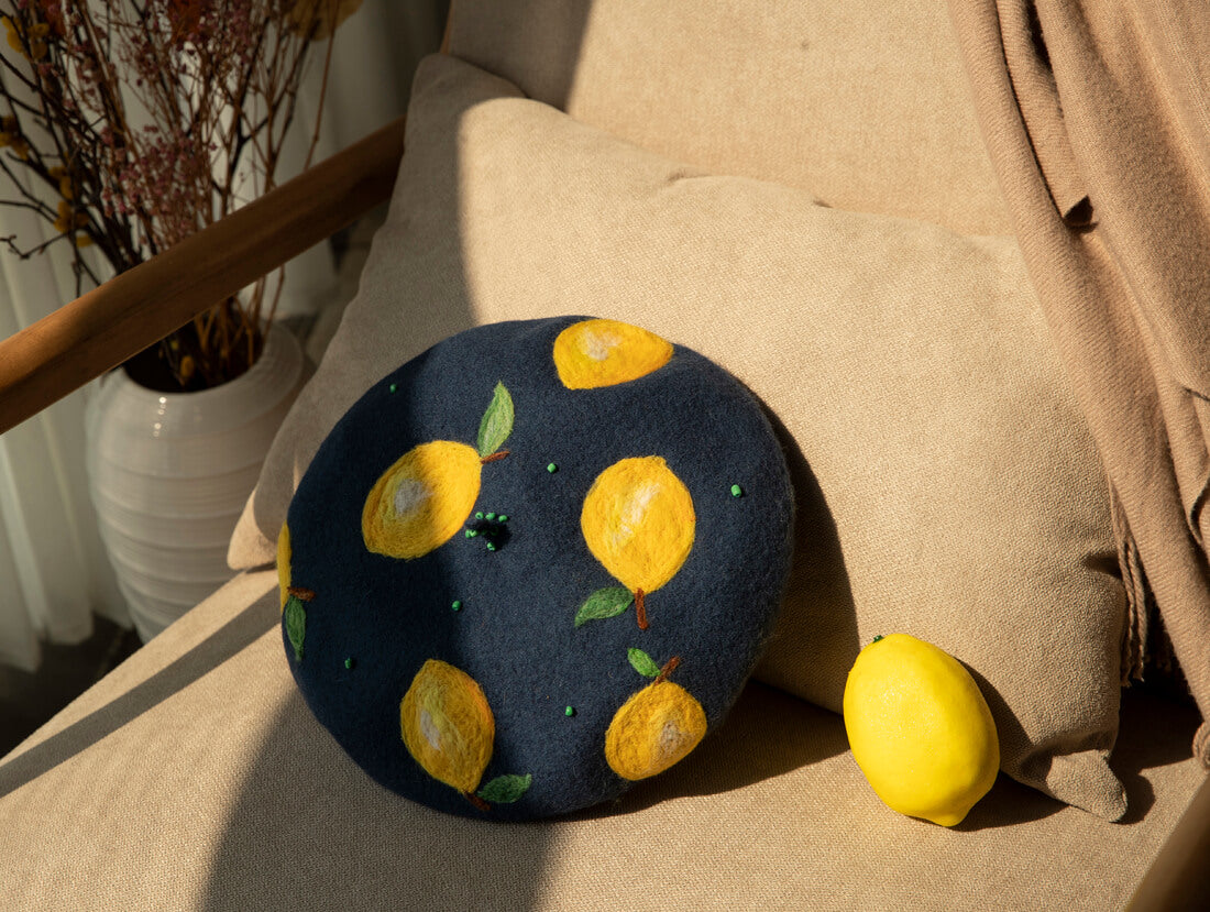 Handcrafted lemon wool felt beret, style by0148.